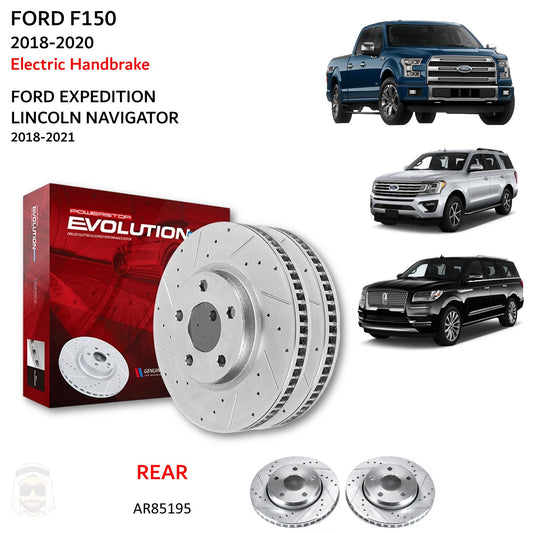 Ford F150 (2018-2020 eBrake) Rear Drilled and Slotted Brake Disc Rotors by PowerStop Evolution (Expedition Lincoln Navigator) (AR85195XPR)