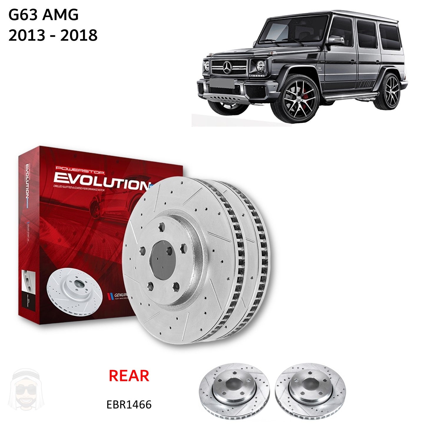 Mercedes G63 AMG 2013 to 2018 - Rear Drilled and Slotted Brake Disc Rotors by PowerStop Evolution (EBR1466XPR)