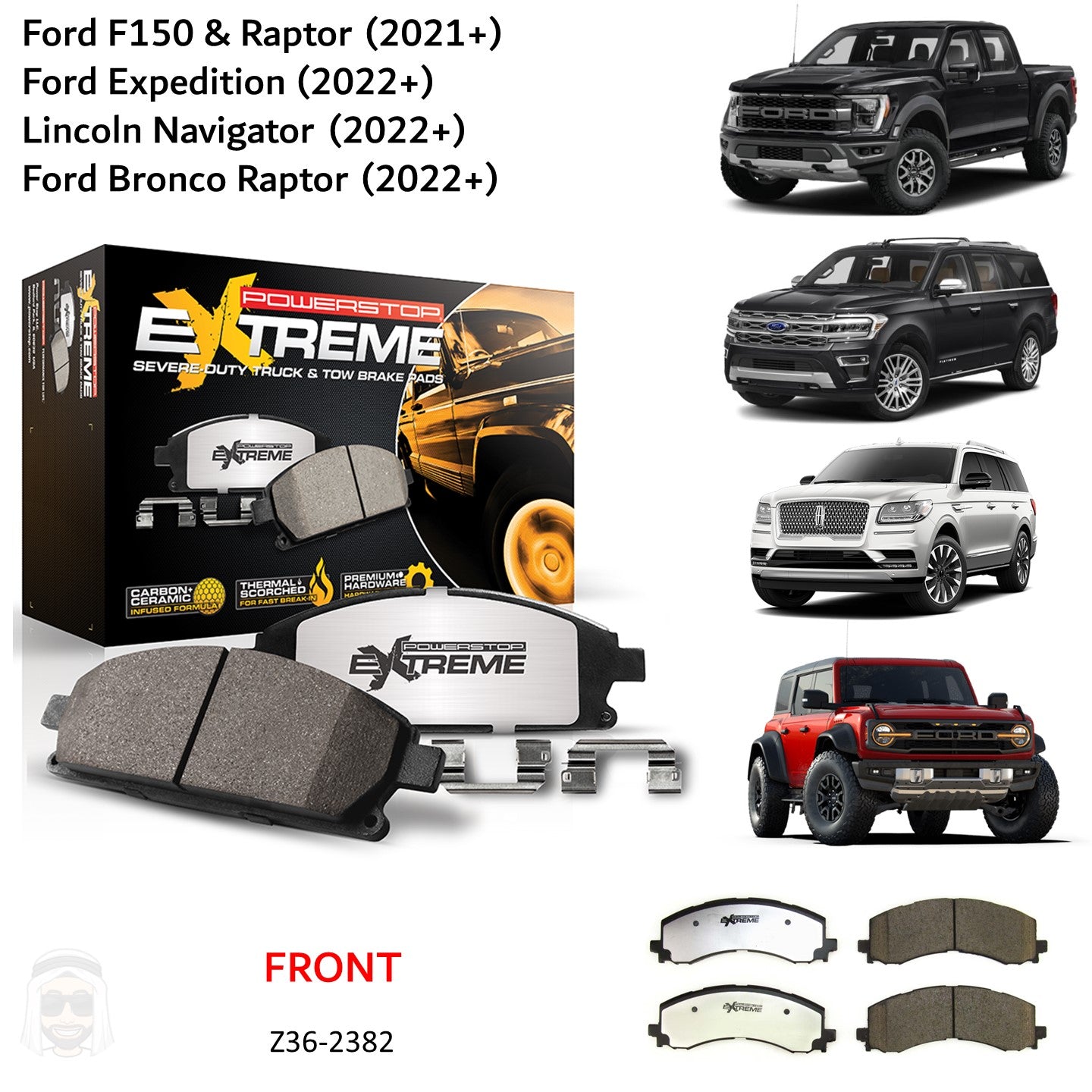 Ford F150 (2021+) Front Carbon Ceramic Brake Pads by PowerStop Extreme Z36 (Expedition Navigator Bronco Raptor) (Z36-2382)