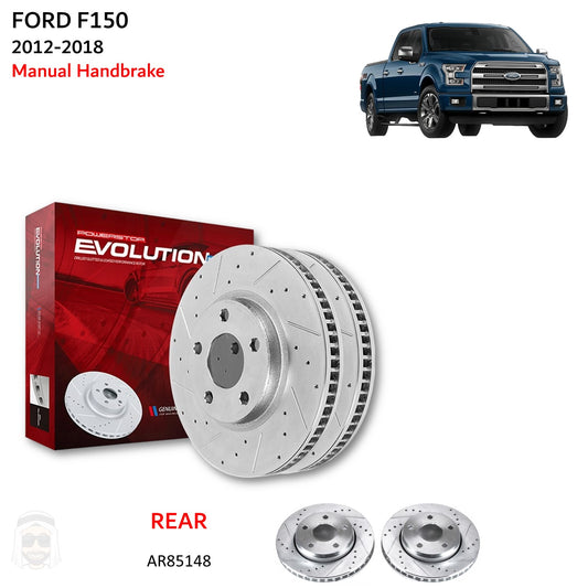 Ford F150 (2012-2018) Manual Handbrake - Rear Drilled and Slotted Brake Disc Rotors by PowerStop Evolution