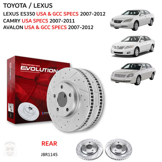 Toyota Lexus - Rear Drilled and Slotted Brake Disc Rotors by PowerStop Evolution (Camry Avalon ES350 GCC USA) (JBR1145XPR)