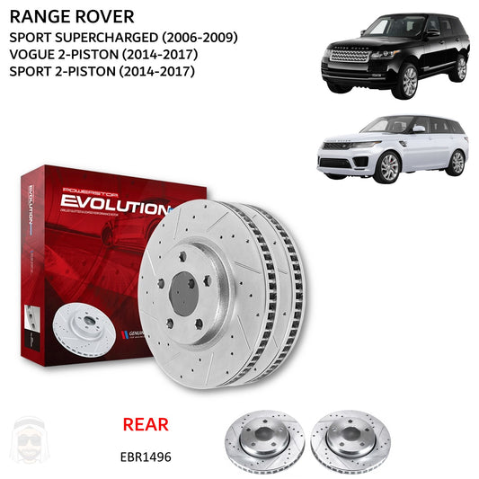 Range Rover Vogue and Sport V6 and V8 (2-piston) - Rear Drilled and Slotted Brake Disc Rotors by PowerStop Evolution (Land Rover) (EBR1496XPR)