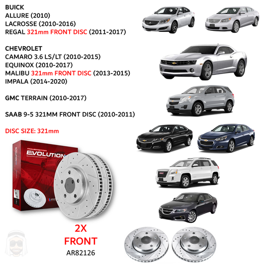 Camaro Malibu Impala - 321mm Front Drilled and Slotted Brake Disc Rotors by PowerStop Evolution (Chevrolet Buick Allure Lacrosse Regal Equinox GMC Terrain Saab 9-5) (AR82126XPR)