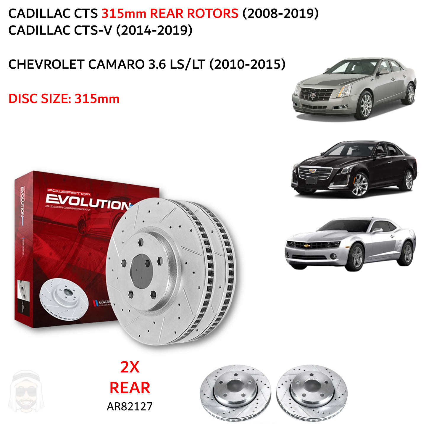 CTS CTS-V Camaro 315mm Rear Drilled and Slotted Brake Disc Rotors by PowerStop Evolution (Cadillac Chevrolet 3.6L LS LT) (AR82127XPR)