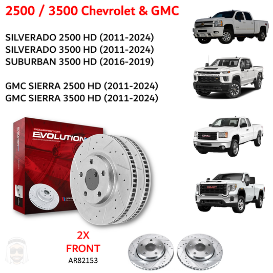 GMC Chevrolet 2500 3500 - Front Drilled and Slotted Brake Disc Rotors by PowerStop Evolution (Silverado Suburban Sierra HD Single Double Tyre) (AR82153XPR)