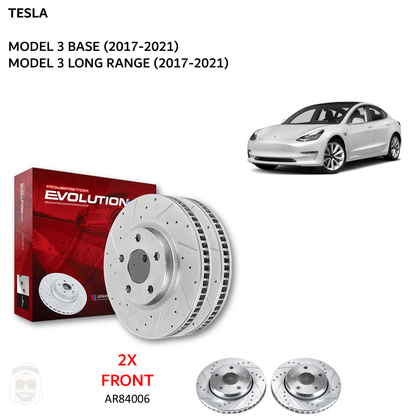Tesla Model 3 - Front Drilled and Slotted Brake Disc Rotors by PowerStop Evolution (Base Standard Long Range) (AR84006XPR)
