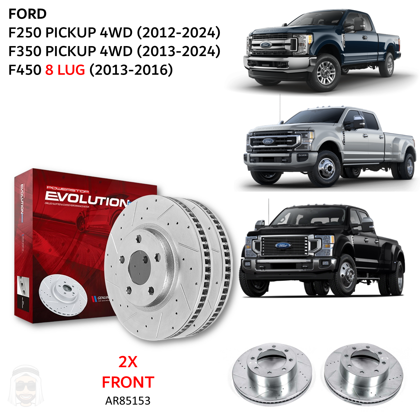 Ford F250 F350 4WD (2012-2024) Front Drilled and Slotted Brake Disc Rotors by PowerStop Evolution (F450) (AR85153XPR)