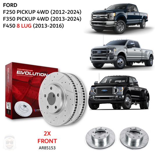 Ford F250 F350 4WD (2012-2024) Front Drilled and Slotted Brake Disc Rotors by PowerStop Evolution (F450) (AR85153XPR)