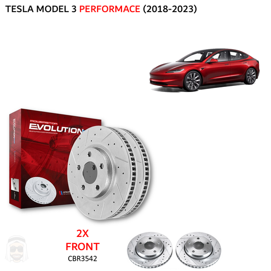 Tesla Model 3 Performance - Front Drilled and Slotted Brake Disc Rotors by PowerStop Evolution (CBR3542XPR)