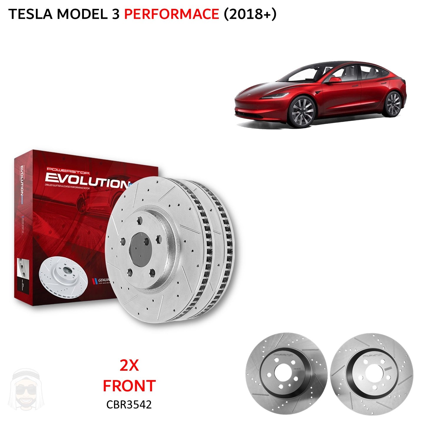 Tesla Model 3 Performance 355x25mm Front Drilled and Slotted Brake Disc Rotors by PowerStop Evolution CBR3542XPR