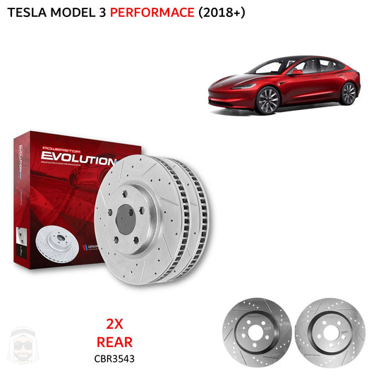 Tesla Model 3 Performance 335x20mm Rear Drilled and Slotted Brake Disc Rotors by PowerStop Evolution CBR3543XPR