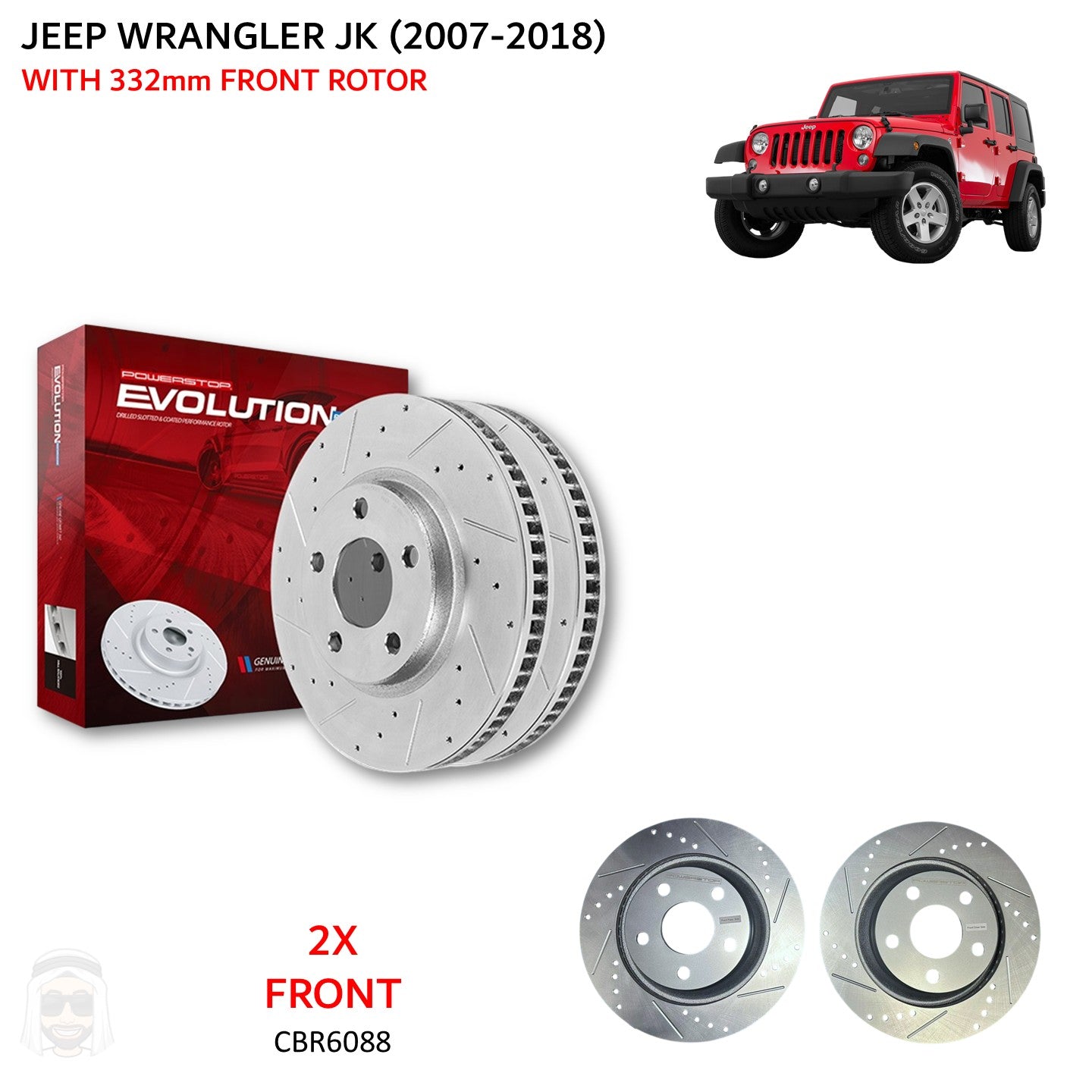 Jeep Wrangler 2007-2018 332mm Front Drilled and Slotted Brake Disc Rotors by PowerStop Evolution CBR6088XPR