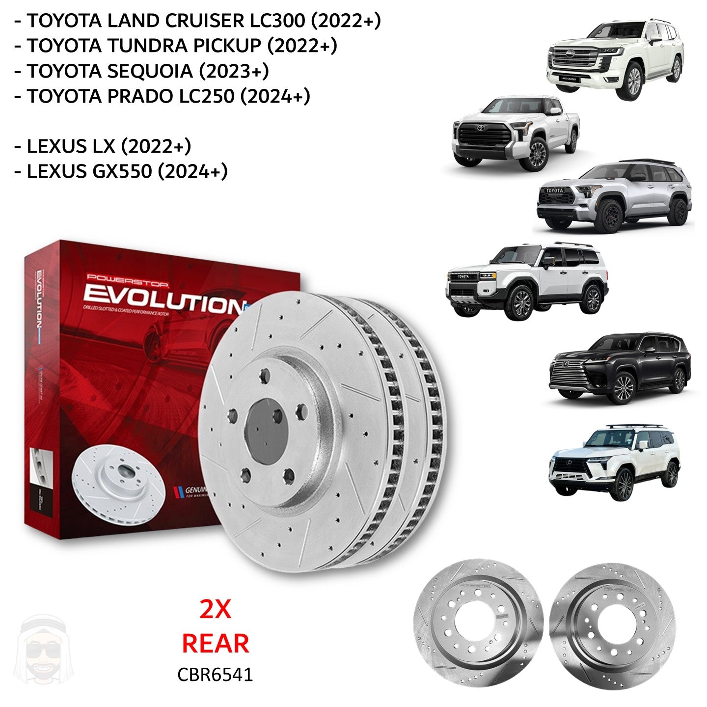 Toyota LC300 Lexus 335mm Rear Drilled and Slotted Brake Disc Rotors by PowerStop Evolution CBR6541XPR