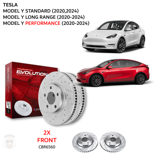 Tesla Model Y - Front Drilled and Slotted Brake Disc Rotors by PowerStop Evolution (Base Standard Long Range Performance) (CBR6560XPR)