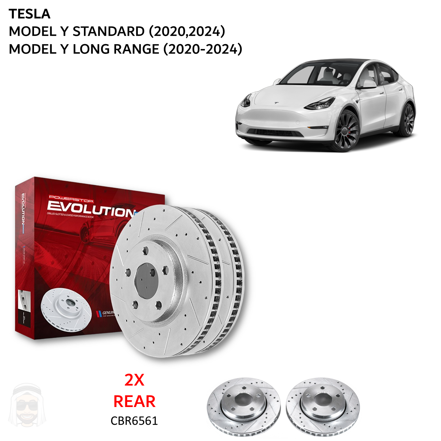 Tesla Model Y Rear Drilled and Slotted Brake Disc Rotors by PowerStop Evolution (Base Standard Long Range) (CBR6561XPR)