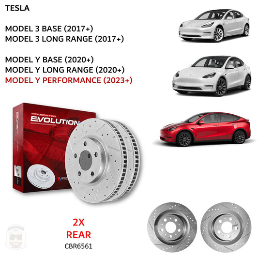 Tesla Model 3 and Y 335x20mm Rear Drilled and Slotted Brake Disc Rotors by PowerStop Evolution CBR6561XPR