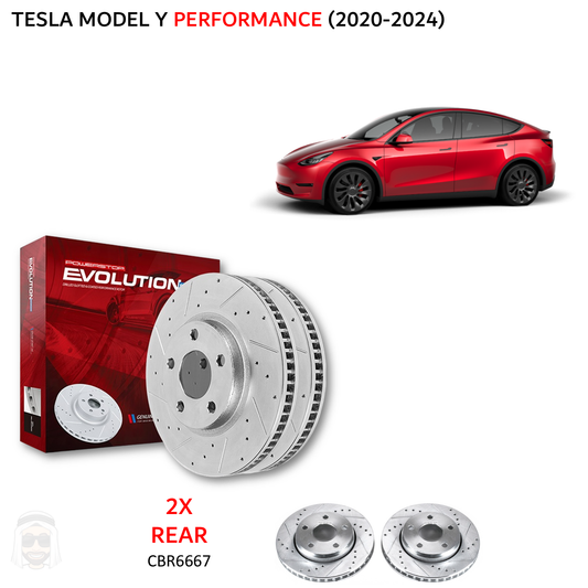 Tesla Model Y Performance - Rear Drilled and Slotted Brake Disc Rotors by PowerStop Evolution (CBR6667XPR)