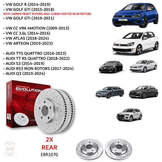 VW Golf R Audi S3 - Rear Drilled and Slotted Brake Disc Rotors by PowerStop Evolution (GTI CC Atlas Arteon TTS RS Quattro S3 RS3 Q3 Volkswagen) (EBR1070XPR)