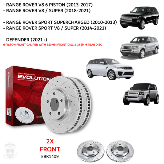 Land Rover - Front Drilled and Slotted Brake Disc Rotors by PowerStop Evolution (Range Rover Vogue HSE SVR Sport Supercharged V6 V8 Defender 90 110 130) (EBR1409XPR)