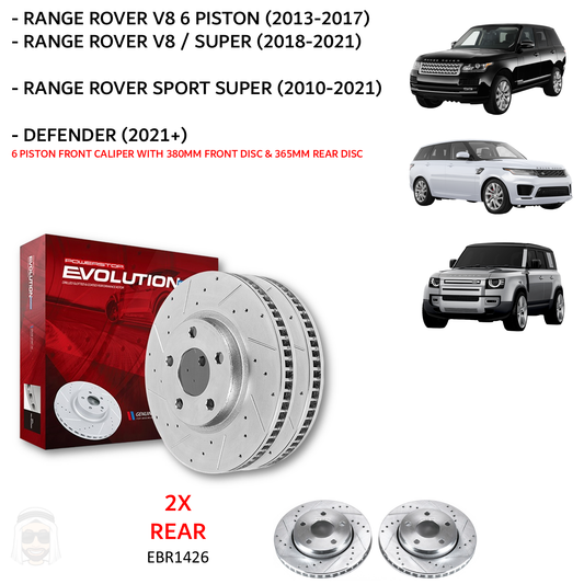 Land Rover - Rear Drilled and Slotted Brake Disc Rotors by PowerStop Evolution (Range Rover Vogue HSE SVR Sport Supercharged V6 V8 Defender 90 110 130) (EBR1426XPR)