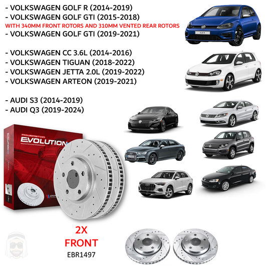 VW Golf R Audi S3 - Front Drilled and Slotted Brake Disc Rotors by PowerStop Evolution (GTI CC Tiguan Jetta Arteon S3 Q3 Volkswagen) (EBR1497XPR)