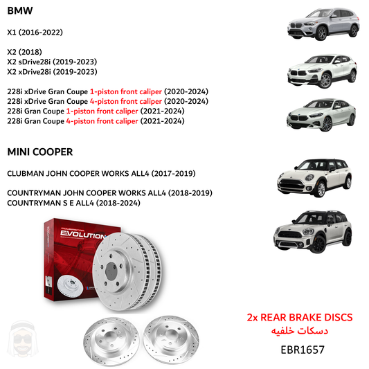 BMW (X1 X2 2 Series) and Mini - Rear Drilled and Slotted Brake Disc Rotors by PowerStop Evolution Performance (EBR1657XPR)