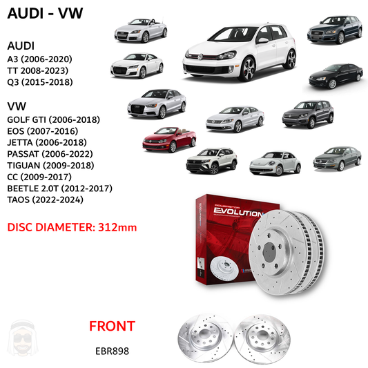 Audi A3 VW Golf GTI - Front Drilled and Slotted Brake Disc Rotors by PowerStop Evolution (Volkswagen) (EBR898XPR)