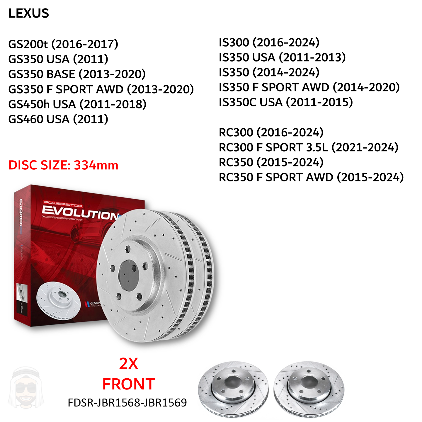 Lexus GS IS RC - 334mm Front Drilled and Slotted Brake Disc Rotors by PowerStop Evolution (JBR1568XPR JBR1569XPR)