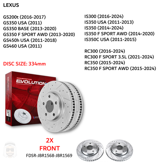 Lexus GS IS RC - 334mm Front Drilled and Slotted Brake Disc Rotors by PowerStop Evolution (JBR1568XPR JBR1569XPR)