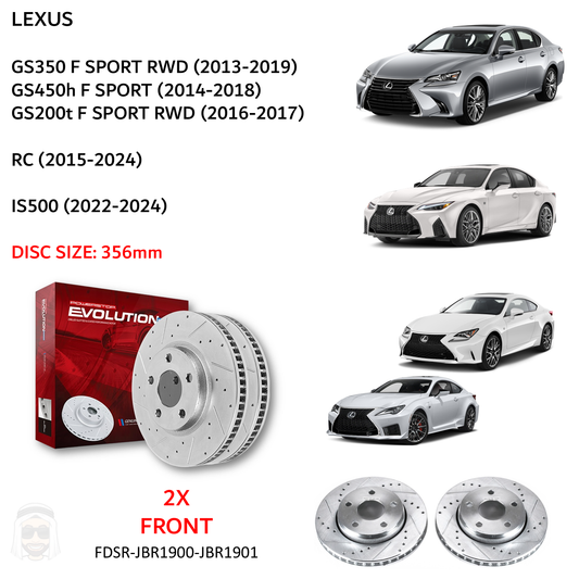 Lexus GS IS RC - 356mm Front Drilled and Slotted Brake Disc Rotors by PowerStop Evolution (GS350 F Sport GS450h GS200t GS300 IS500 RC350 RC200t RC300) (JBR1900 JBR1901)