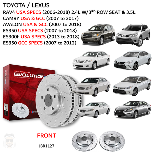Toyota Lexus - Front Drilled and Slotted Brake Disc Rotors by PowerStop Evolution (RAV4 Camry Avalon ES350h GCC USA) (JBR1127XPR)