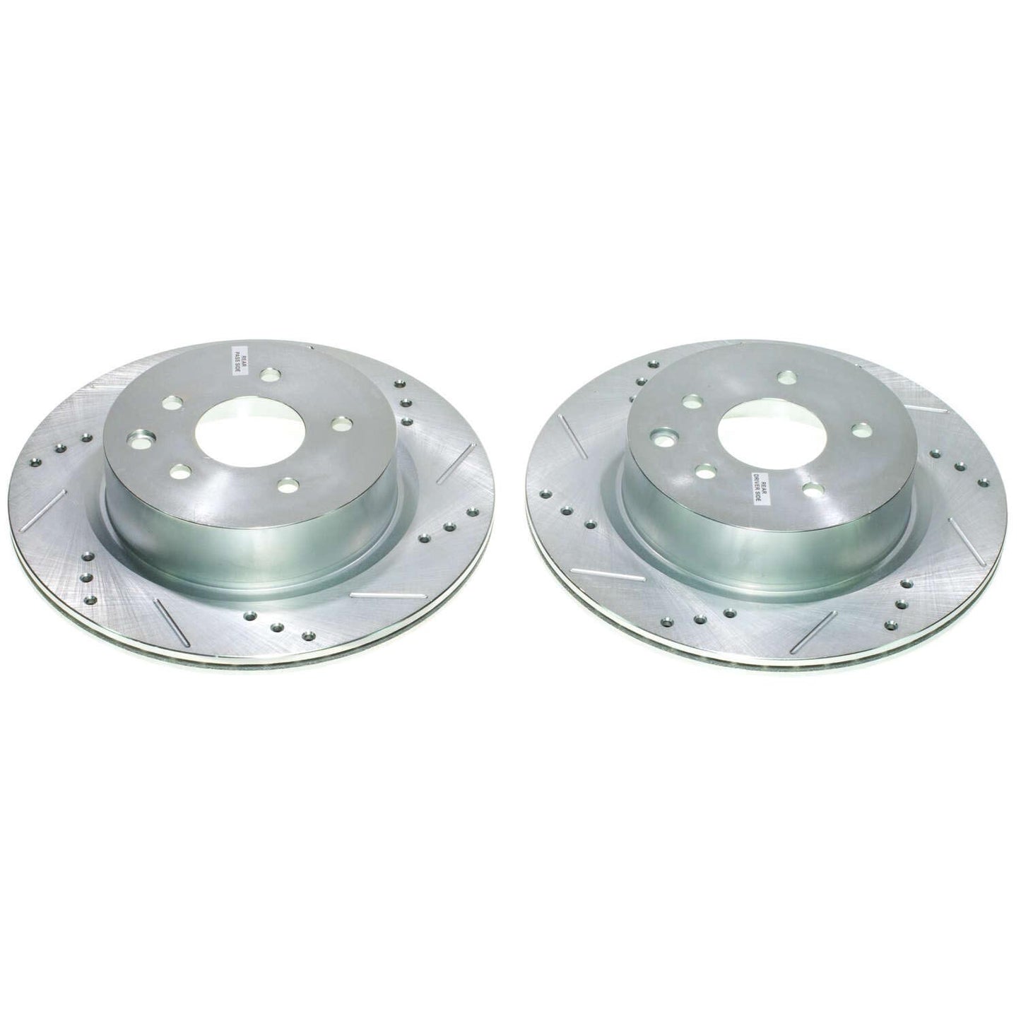 Nissan Infiniti (2-piston) - Rear Drilled and Slotted Brake Disc Rotors by PowerStop Evolution (350Z 370Z Maxima EX35 G35 Coupe G25 G37 M35 M45 Q40 QX50) (JBR1144XPR)