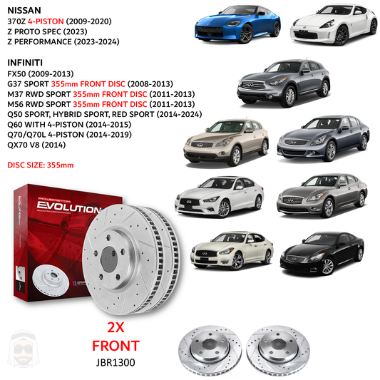 Nissan Infiniti - 355mm Front Drilled and Slotted Brake Disc Rotors by PowerStop Evolution (G37 Sport Sedan Coupe Convertible M37 M56 FX50 Q50 Q60 Q70L QX70 350Z 370Z Z Proto Spec Performance) (JBR1300XPR)