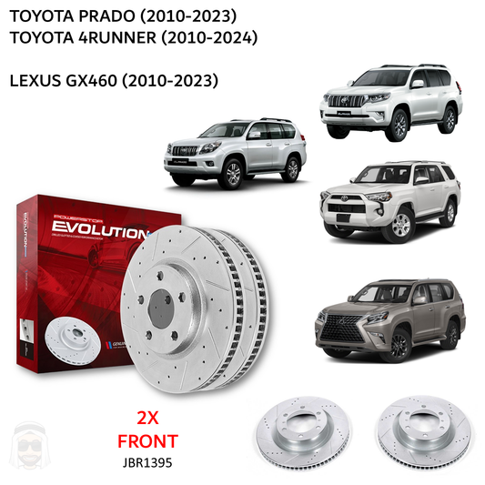 Prado GX460 (2010-2023) Front Drilled and Slotted Brake Disc Rotors by PowerStop Evolution (Toyota 4Runner Lexus) (JBR1395XPR)