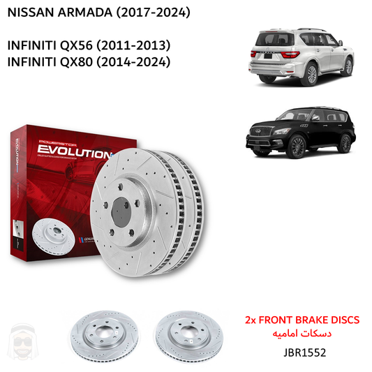 Armada (2017-2024) QX (2011-2024) - Front Drilled and Slotted Brake Disc Rotors by PowerStop Evolution (Nissan Infiniti QX56 QX80) (JBR1552XPR)