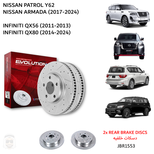 Nissan Patrol Y62 - Rear Drilled and Slotted Brake Disc Rotors by PowerStop Evolution (Armada Infiniti QX56 QX80) (JBR1553XPR)
