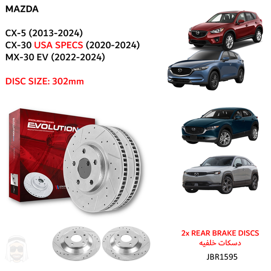 Mazda CX-5 (2013-2024) - 302mm Rear Drilled and Slotted Brake Disc Rotors by PowerStop Evolution Performance (JBR1595XPR)