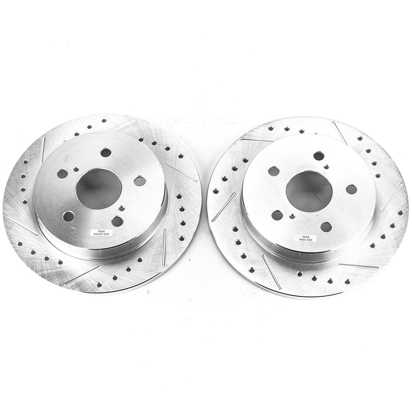 Toyota Lexus - Rear Drilled and Slotted Brake Disc Rotors by PowerStop Evolution (NX200t NX300h UX200 UX250h ES250 ES300h ES350 Avalon CHR Camry Corolla Cross Prius RAV4 Venza GCC USA) (JBR1738XPR)