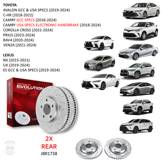 Toyota Lexus - Rear Drilled and Slotted Brake Disc Rotors by PowerStop Evolution (NX200t NX300h UX200 UX250h ES250 ES300h ES350 Avalon CHR Camry Corolla Cross Prius RAV4 Venza GCC USA) (JBR1738XPR)