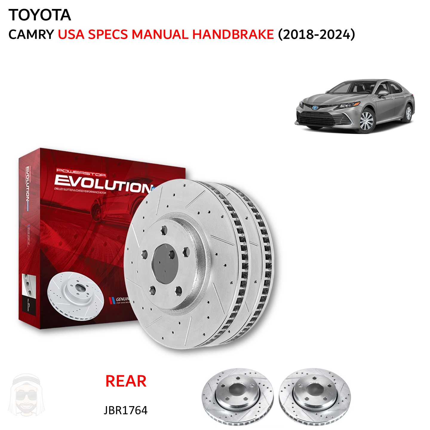 Toyota Camry USA Manual HB (2018-2024) Rear Drilled and Slotted Brake Disc Rotors by PowerStop Evolution (JBR1764XPR)