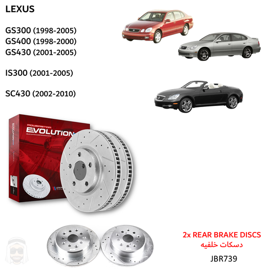 Lexus GS (1998-2005) Rear Drilled and Slotted Brake Disc Rotors by PowerStop Evolution Performance (JBR739XPR)