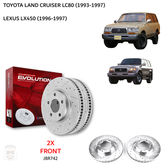 Toyota LC80 and Lexus LX450 - Front Drilled and Slotted Brake Disc Rotors by PowerStop Evolution (Land Cruiser) (JBR742XPR)