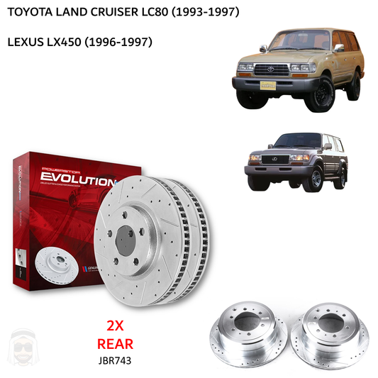 Toyota LC80 and Lexus LX450 - Rear Drilled and Slotted Brake Disc Rotors by PowerStop Evolution (Land Cruiser) (JBR743XPR)