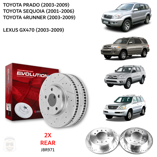 Prado GX470 (2003-2009) Rear Drilled and Slotted Brake Disc Rotors by PowerStop Evolution (Toyota Sequoia 4Runner) (JBR971XPR)