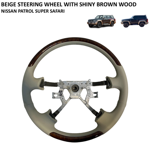 Beige Steering Wheel with Shiny Brown Wood Super Safari Nissan Patrol Y61 VTC GU