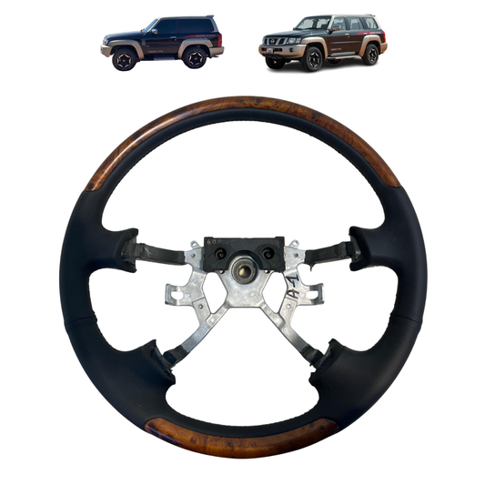 Black Steering Wheel with Matt Brown Wood Safari Nissan Patrol Y61 VTC GU