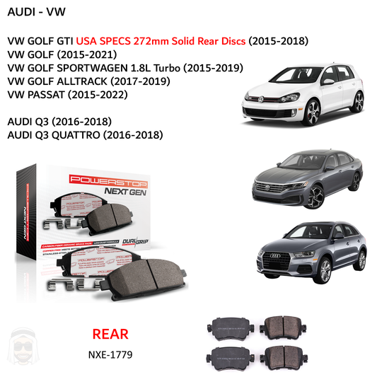 VW Audi (2015-2022) - Rear Carbon Fiber Ceramic Brake Pads by PowerStop NextGen (Golf GTI USA Specs Volkswagen Passat Audi Q3 Quattro) (NXE-1779)