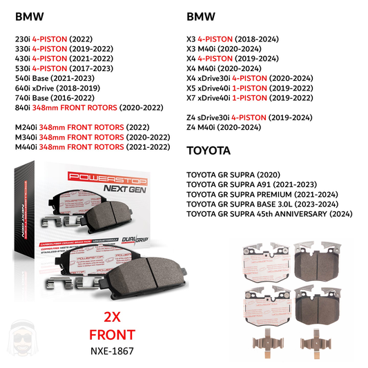 BMW 2018-2024 - Front Carbon Fiber Ceramic Brake Pads by PowerStop NextGen (230i 330i 430i 530i 540i 640i 740i 840i M240i M340i M440i X3 X4 M40i X5 X7 xDrive Z4 Toyota GR Supra A91 Premium) (NXE-1867)