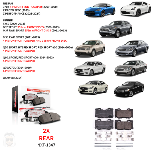 Nissan Infiniti - Rear Carbon Fiber Ceramic Brake Pads by PowerStop NextGen (G37 Sport Sedan Coupe Convertible M37 M56 FX50 Q50 Q60 Q70L QX70 350Z 370Z Z Proto Spec Performance) (NXT-1347)