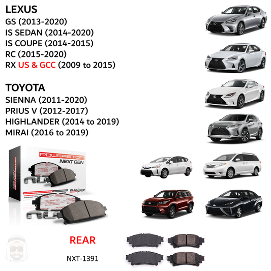 Lexus Toyota - Rear Carbon Fiber Ceramic Brake Pads by PowerStop NextGen (GS350 GS450 GS200 IS250 IS250C IS350 RC350 RC200t F Sport RX350 RX450h Sienna Prius V Highlander Mirai) (NXT-1391)